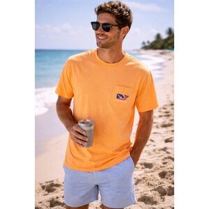 Vineyard Vines Orange Tropical Whale Graphic Pocket T-Shirt Mens M Preppy Tee